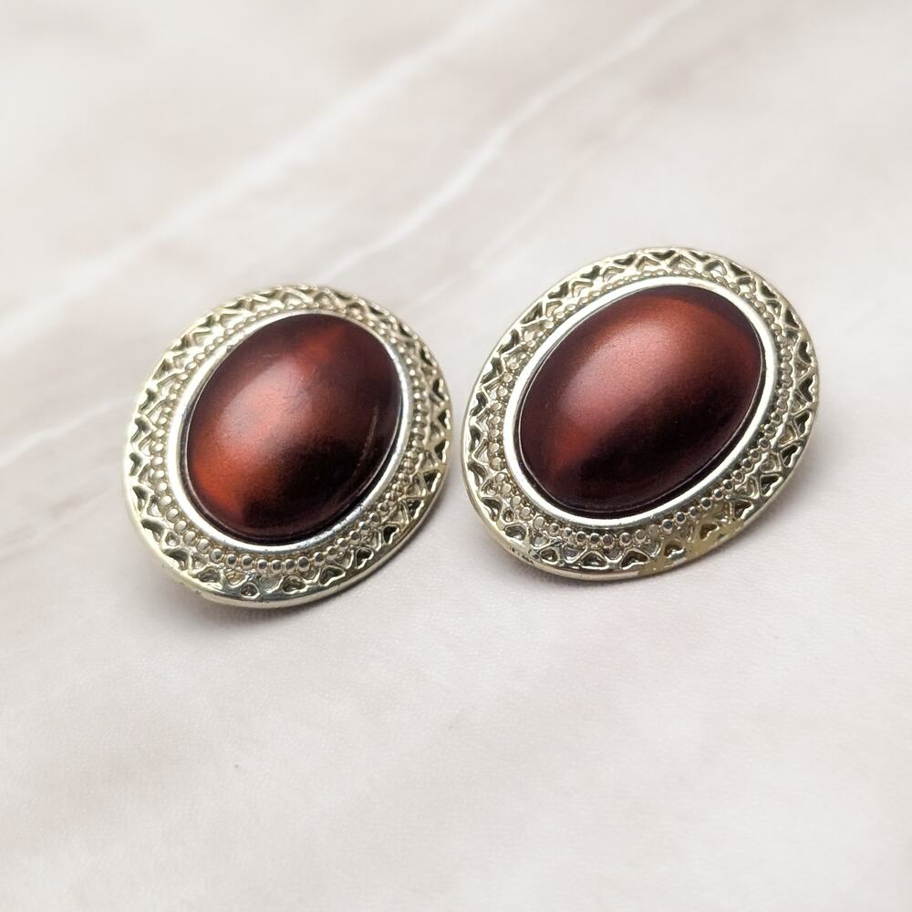 Vintage Clip On Earrings Very Large Gold Tone & Brown Oval Statement Glam - Picture 5 of 8